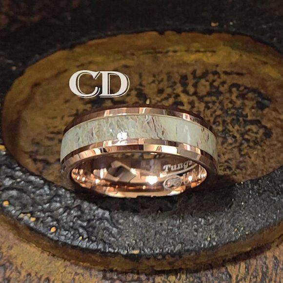 Engraved Men's Real Rose Gold Tungsten Wedding Ring -  Deer Antler Inlay 14K RG - Picture 7 of 7